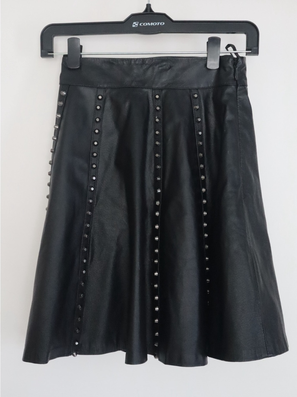 BEBE Genuine Leather A-Line Skirt with Stud Detailing